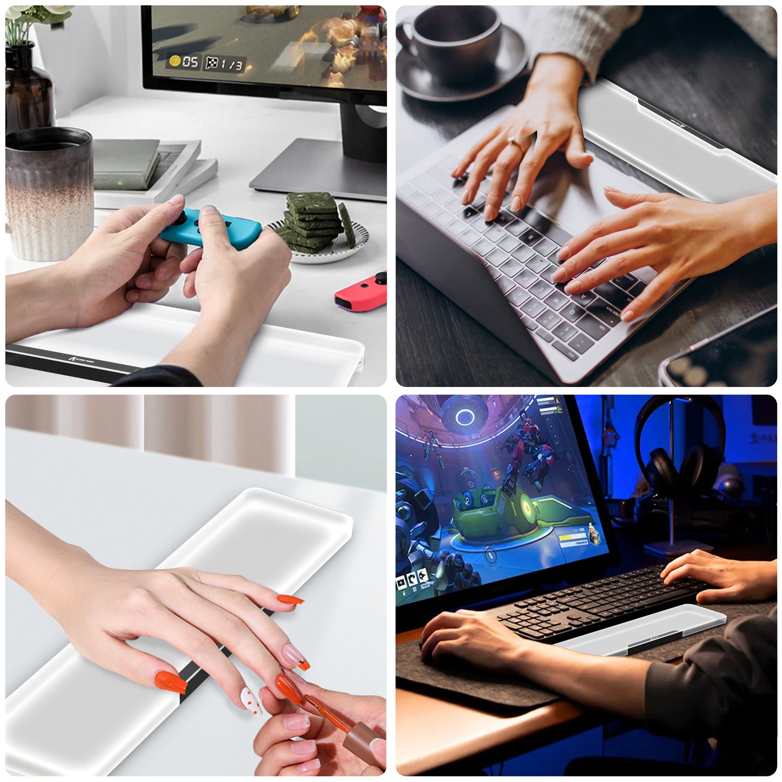 Users using different devices with ergonomic translucent wrist rests for enhanced comfort.