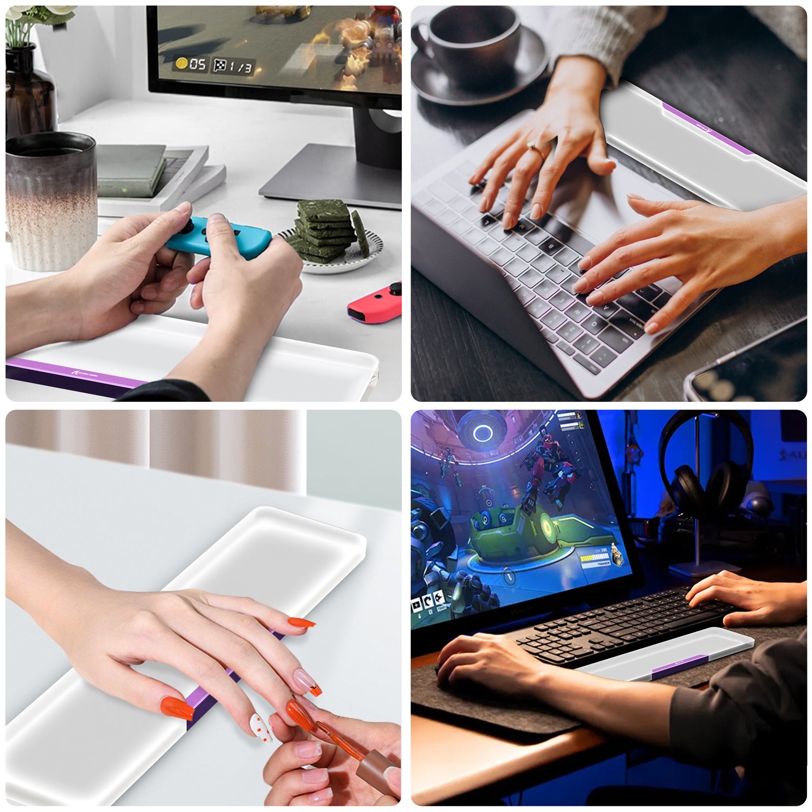 Wrist rest in use with gaming and typing setups, highlighting ergonomic design and stability.