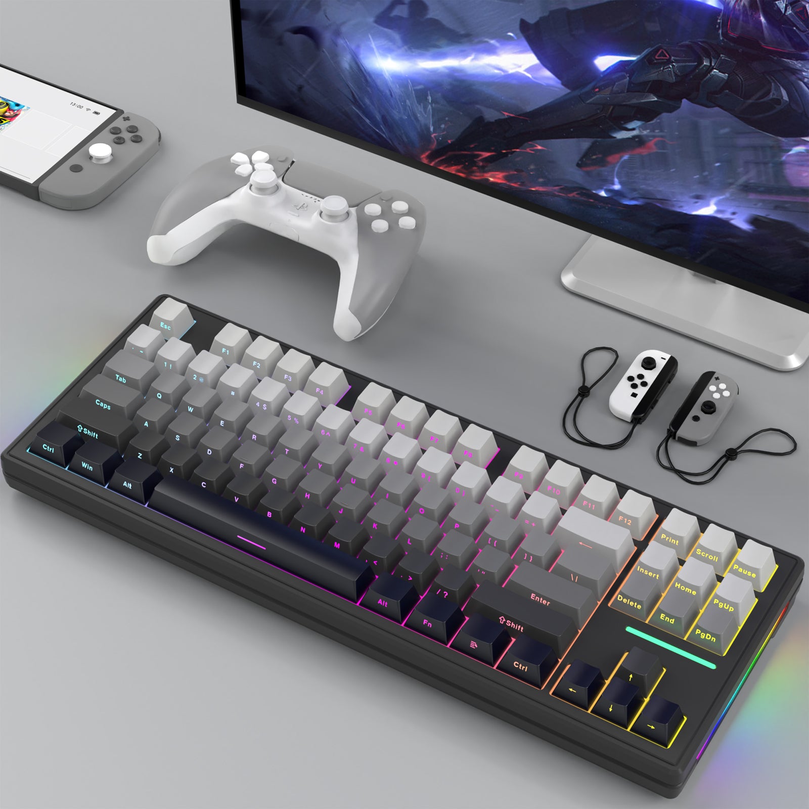 Attack Shark M87 wireless mechanical keyboard with RGB lighting and game controller.