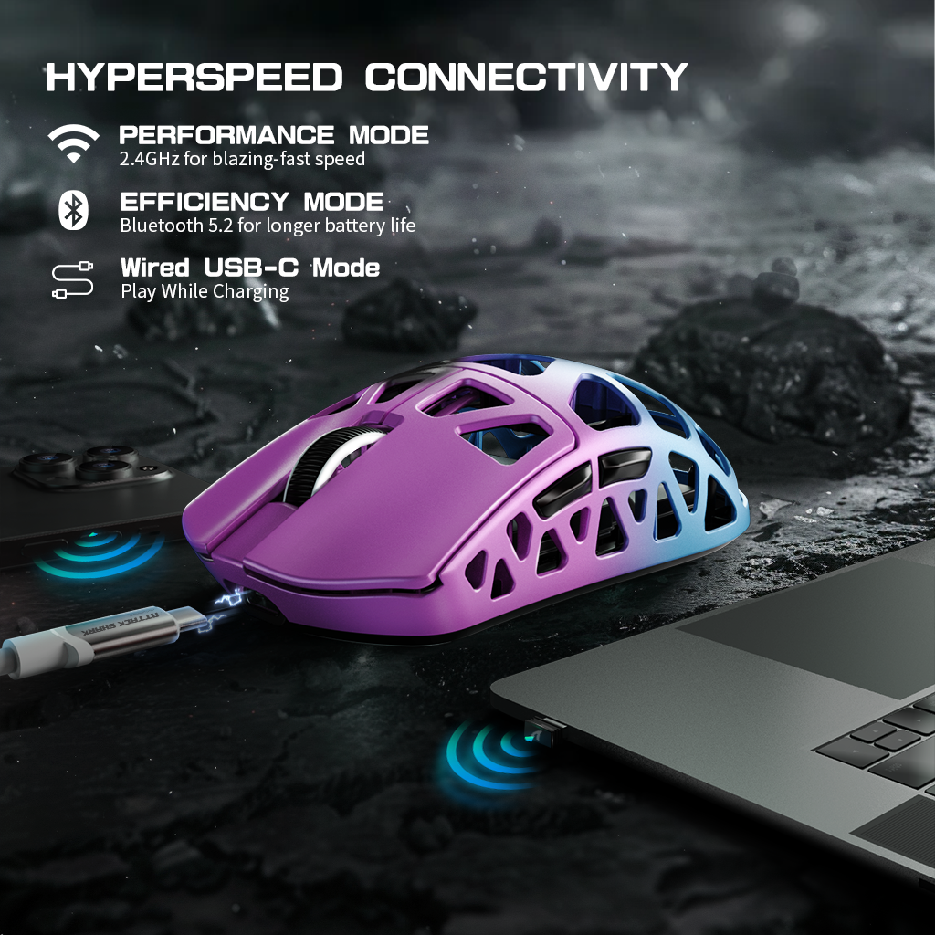 Attack Shark R3PRO gaming mouse showing HYPERSPEED connectivity modes and sleek design