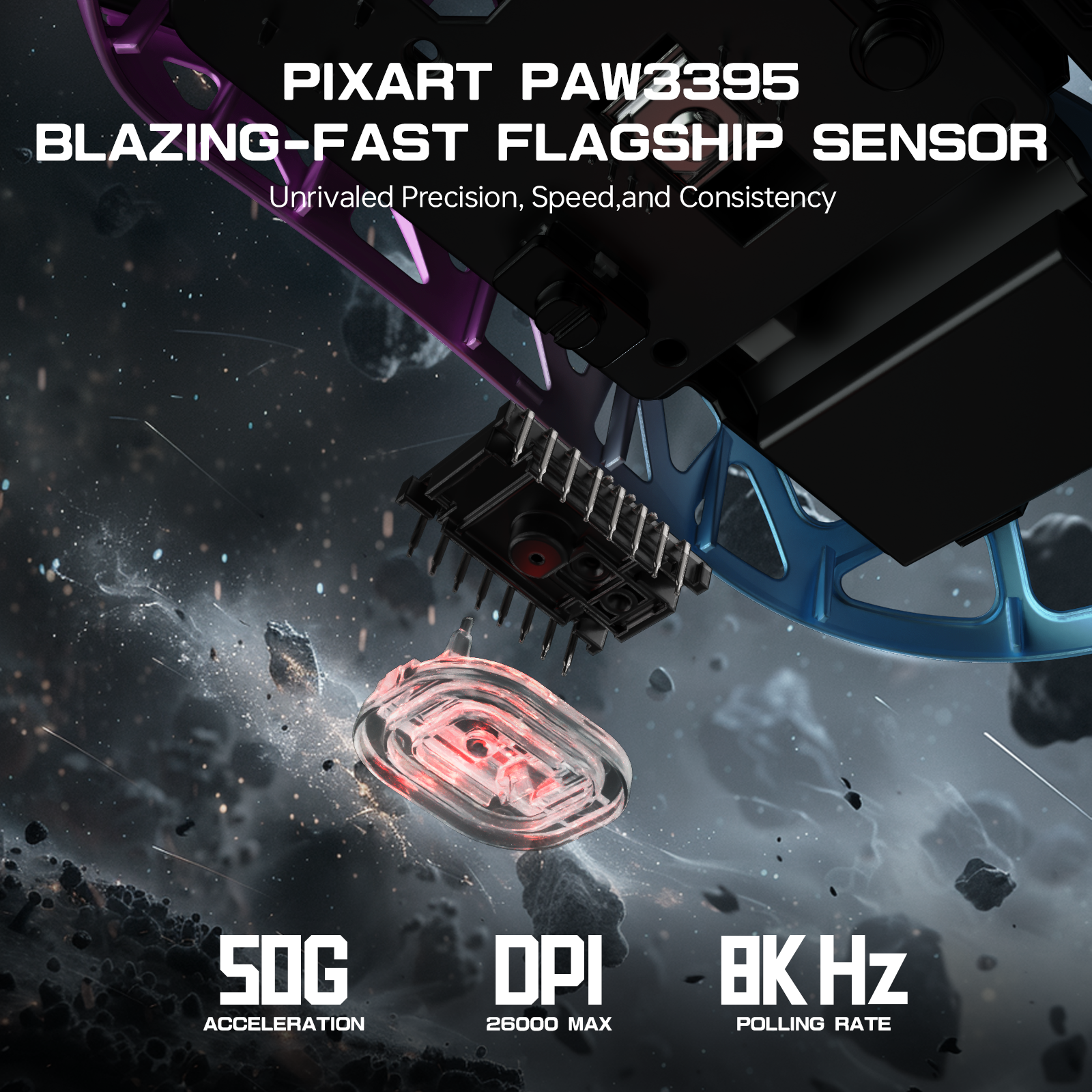 PixArt PAW3395 sensor features: 50G acceleration, 26000 DPI, 8000Hz polling rate