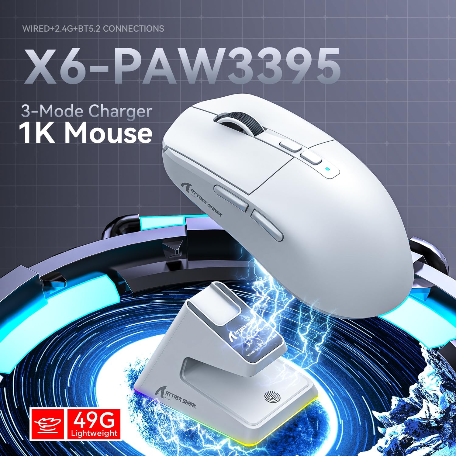 X6 ultra-light gaming mouse and 3-mode charger on vibrant glowing background