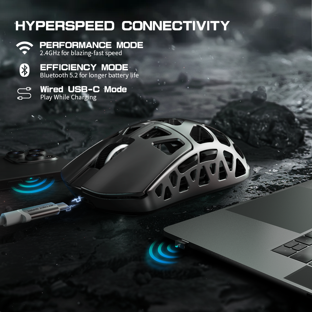 R3PRO gaming mouse highlighting HYPERSPEED connectivity and performance modes