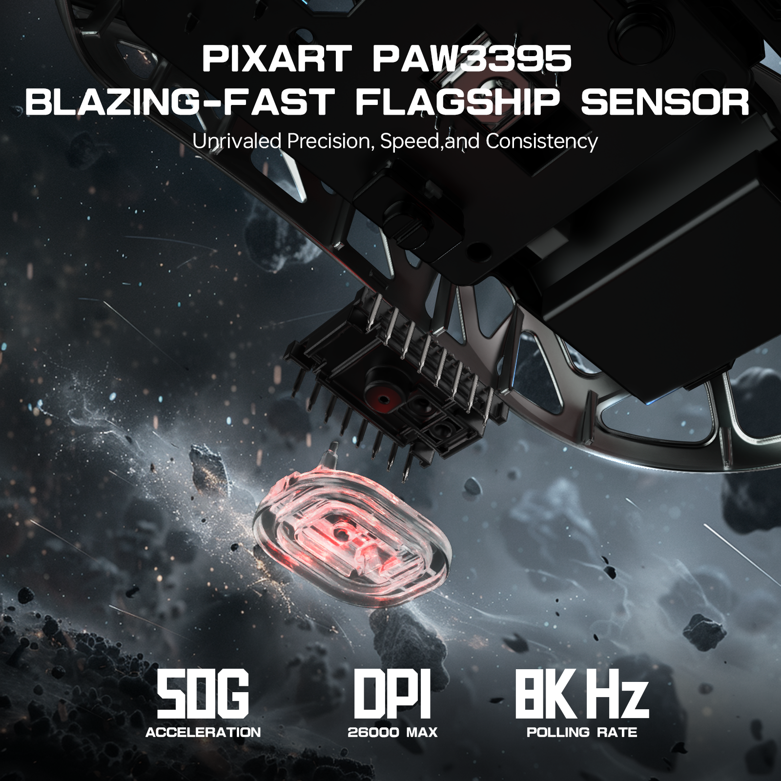 PixArt PAW3395 sensor details highlighting 50G acceleration, 26000 DPI, and 8K Hz polling rate.