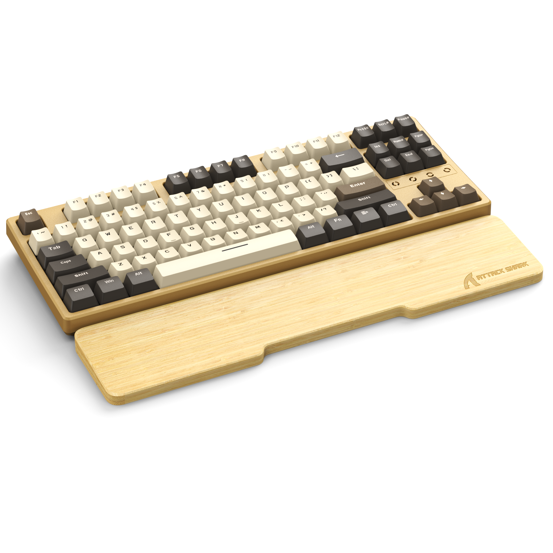 Attack Shark bamboo wrist rest with compact mechanical keyboard in beige and dark gray.