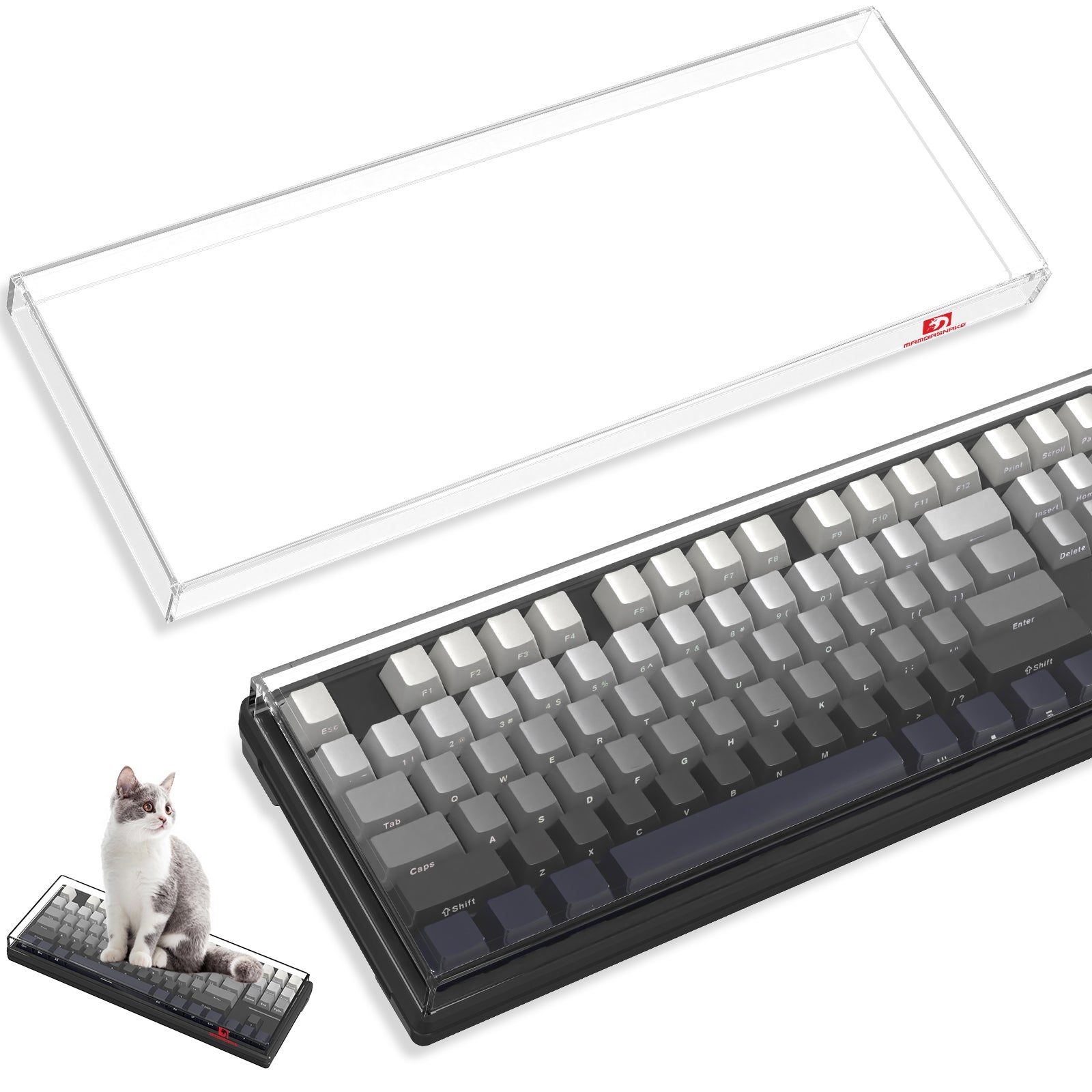 Clear acrylic keyboard cover for 87-key gaming keyboard with cat on desk