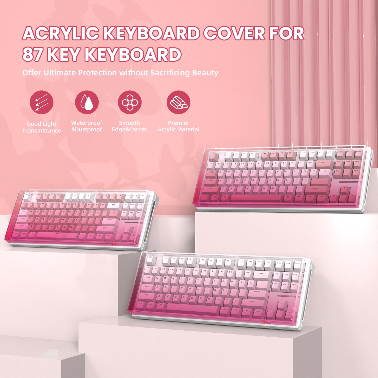 Acrylic keyboard cover for 87-key keyboard with gradient pink design.