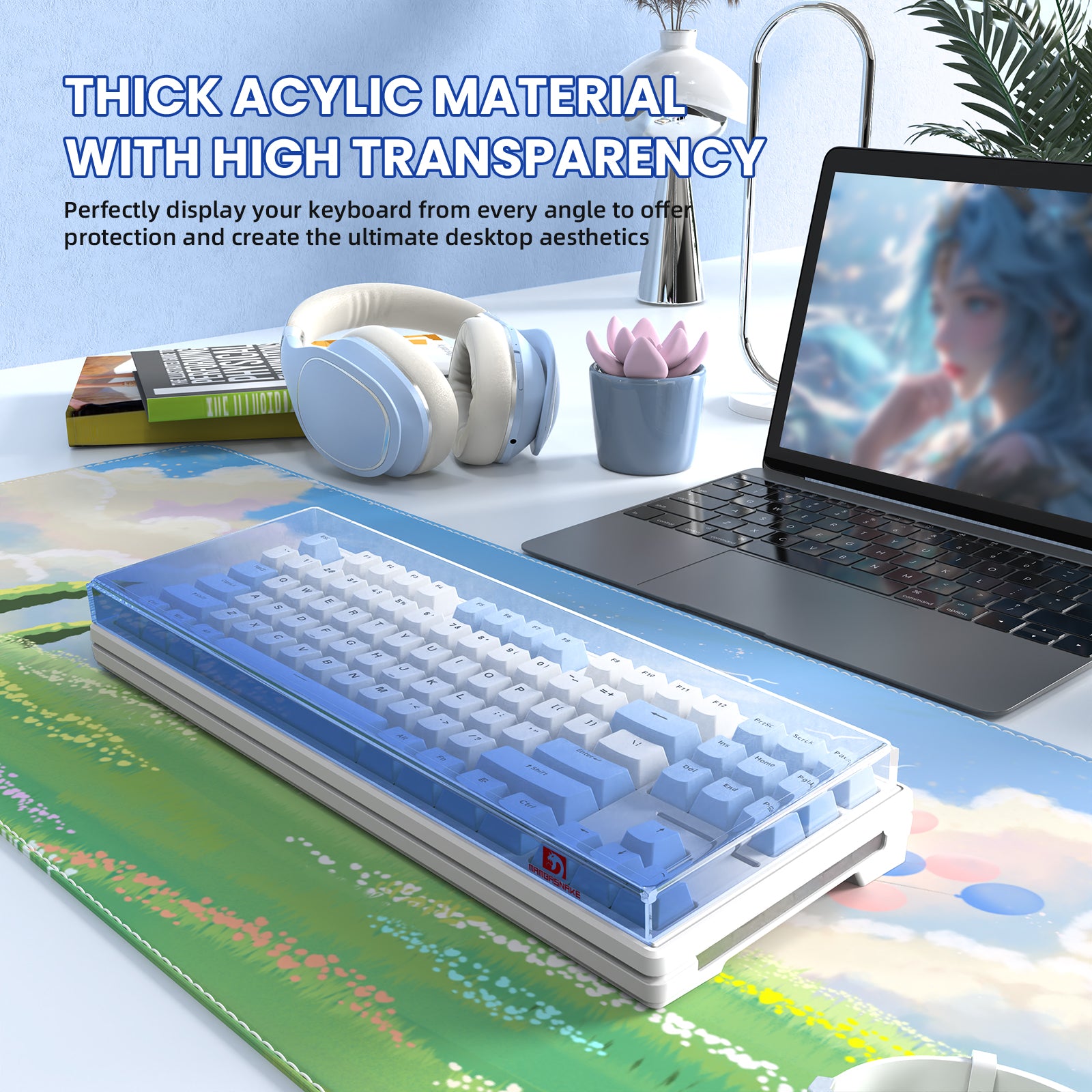 87-key gradient blue keyboard cover with thick acrylic on a stylish gaming setup