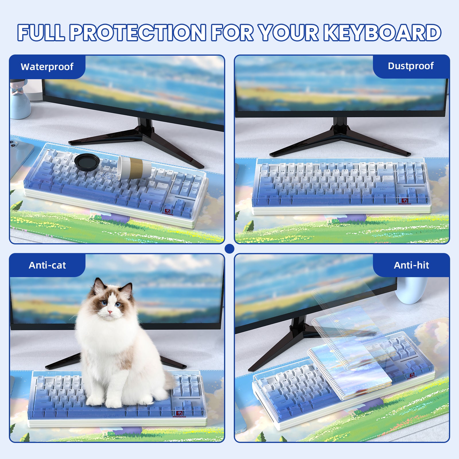 Protective features of gradient blue keyboard cover: waterproof, dustproof, anti-cat, anti-hit.