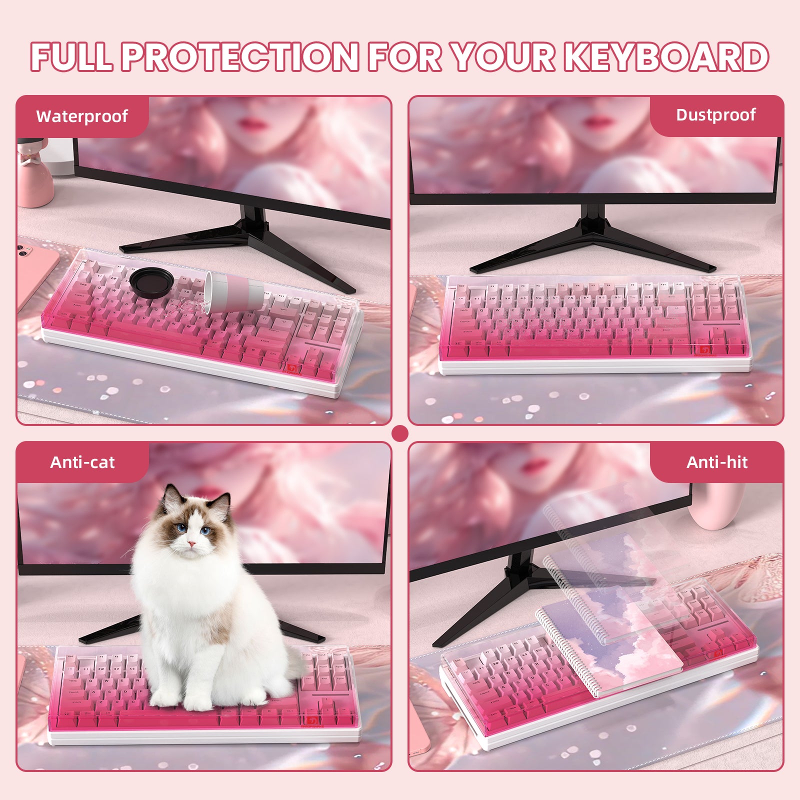 Full protection features for 87-key keyboard cover: waterproof, dustproof, anti-cat, anti-hit.