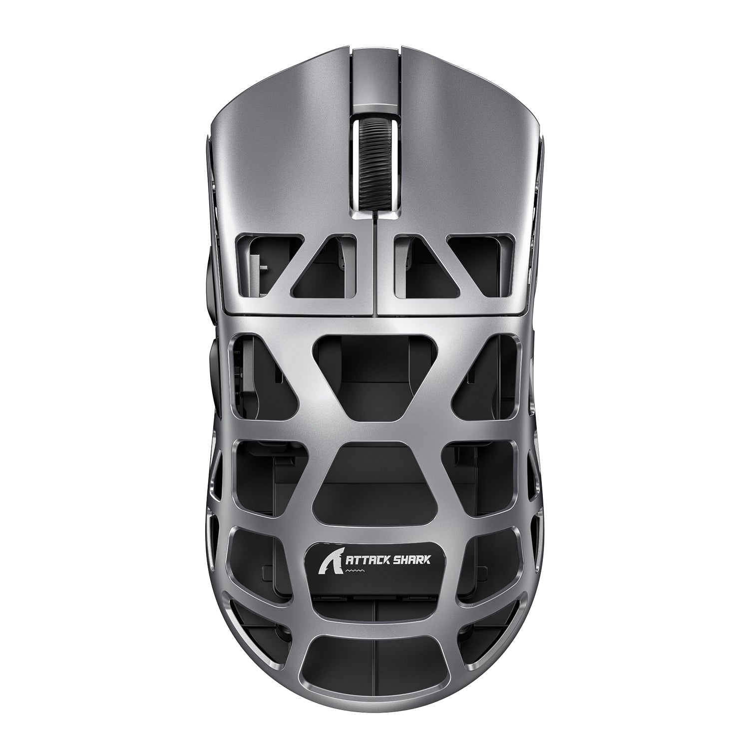 Top view of Attack Shark R3 gaming mouse with gray holey shell design.