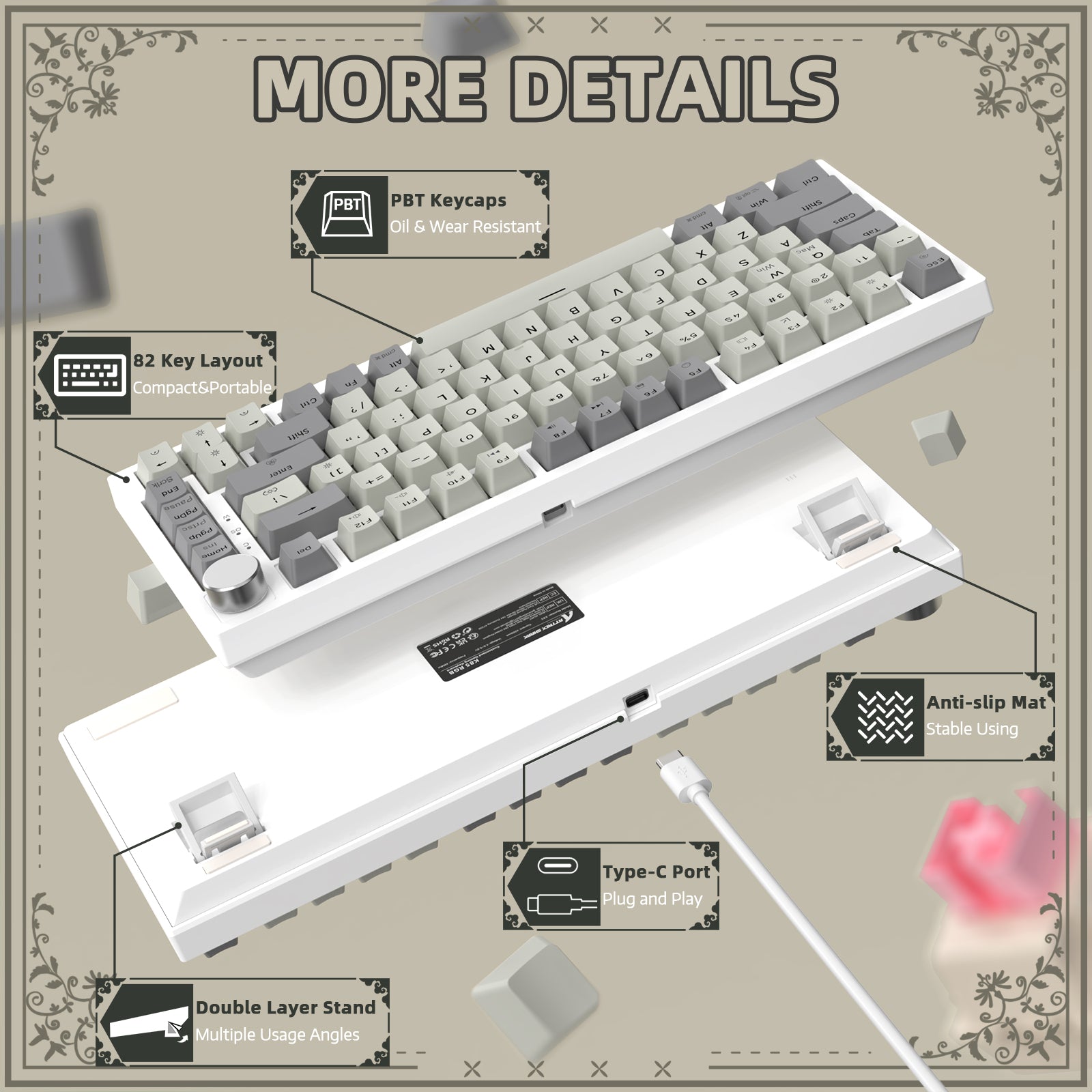 K85 keyboard features PBT keycaps, 82 key layout, Type-C port, and anti-slip mat.