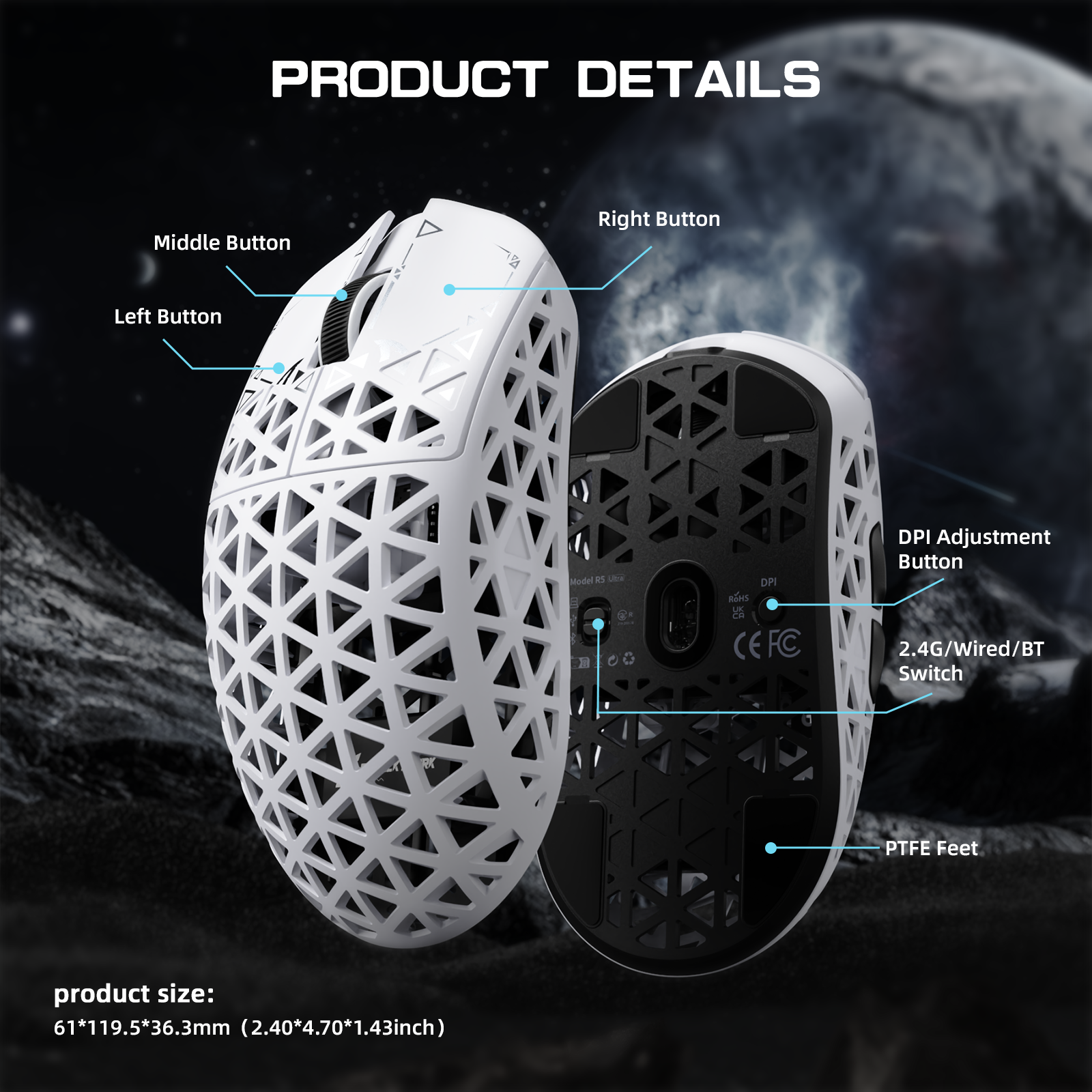 Ratón para juegos inalámbrico ATTACK SHARK R5 ULTRA de fibra de carbono 8K PAW3950MAX