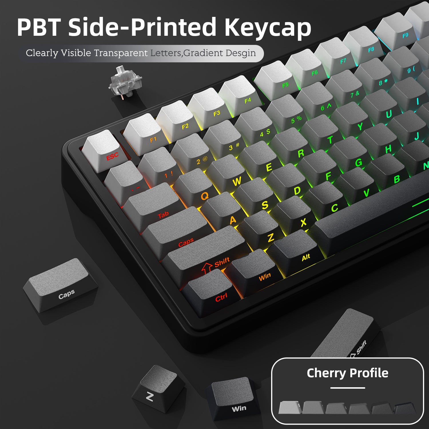 Attack Shark X85 keyboard PBT side-printed keycaps with gradient colors and clear letters.