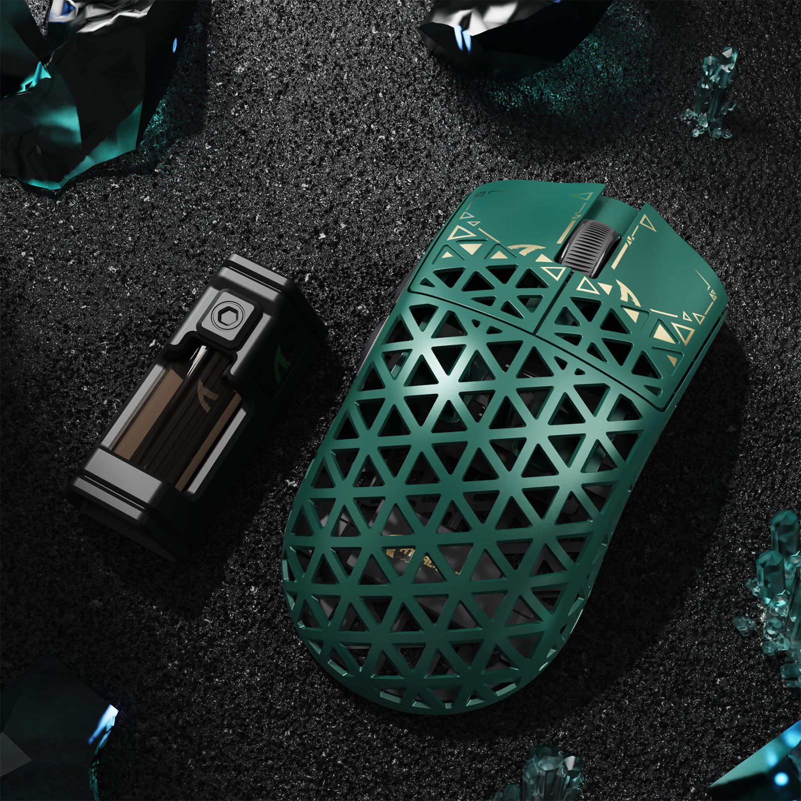 ATTACK SHARK R5 Ultra gaming mouse in green carbon fiber with honeycomb design and charging dock