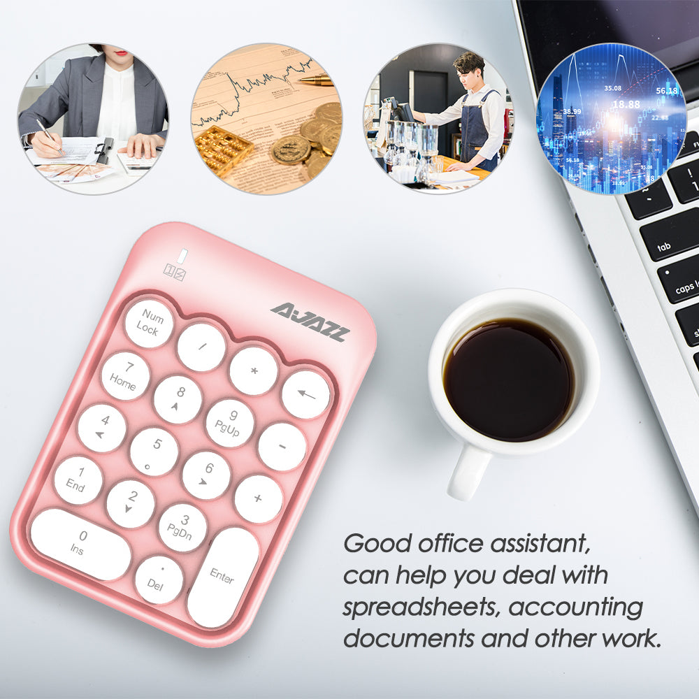 AJAZZ AK18 pink wireless numeric keypad with laptop and coffee cup, ideal for office tasks.