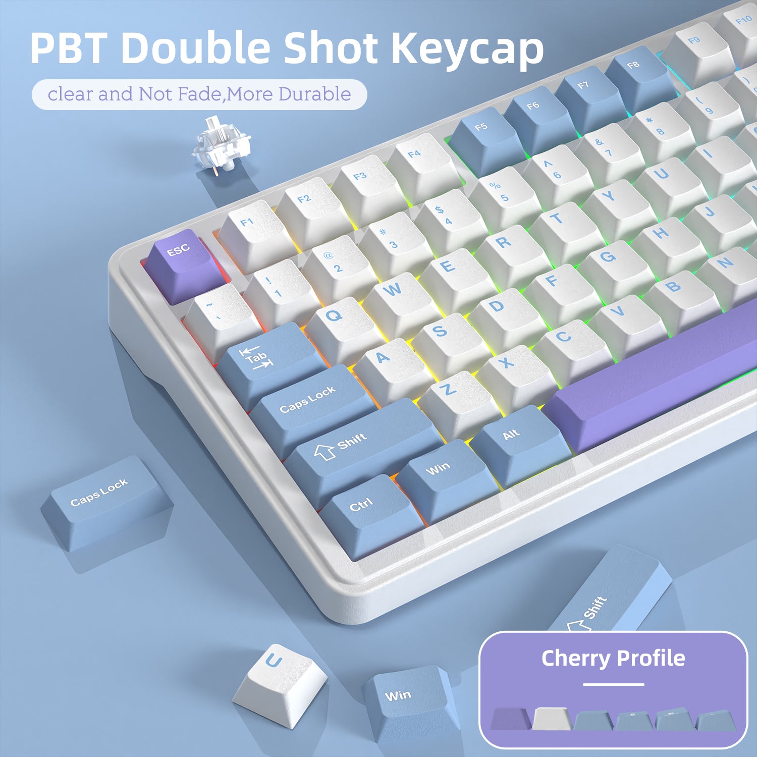 Attack Shark X85 keyboard with gradient PBT keycaps in blue and purple colors.