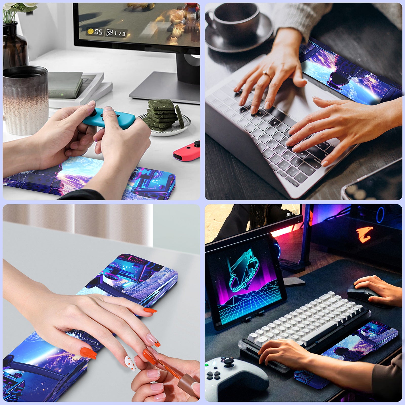 Colorful astronaut acrylic wrist rest in use with gaming setup and mechanical keyboard.