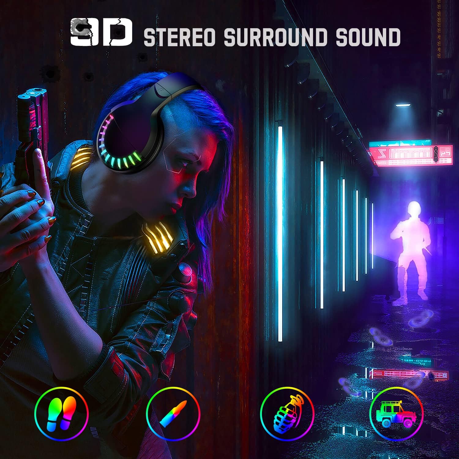 Woman with SH33 wireless RGB headset in neon-lit urban environment showcasing 3D sound