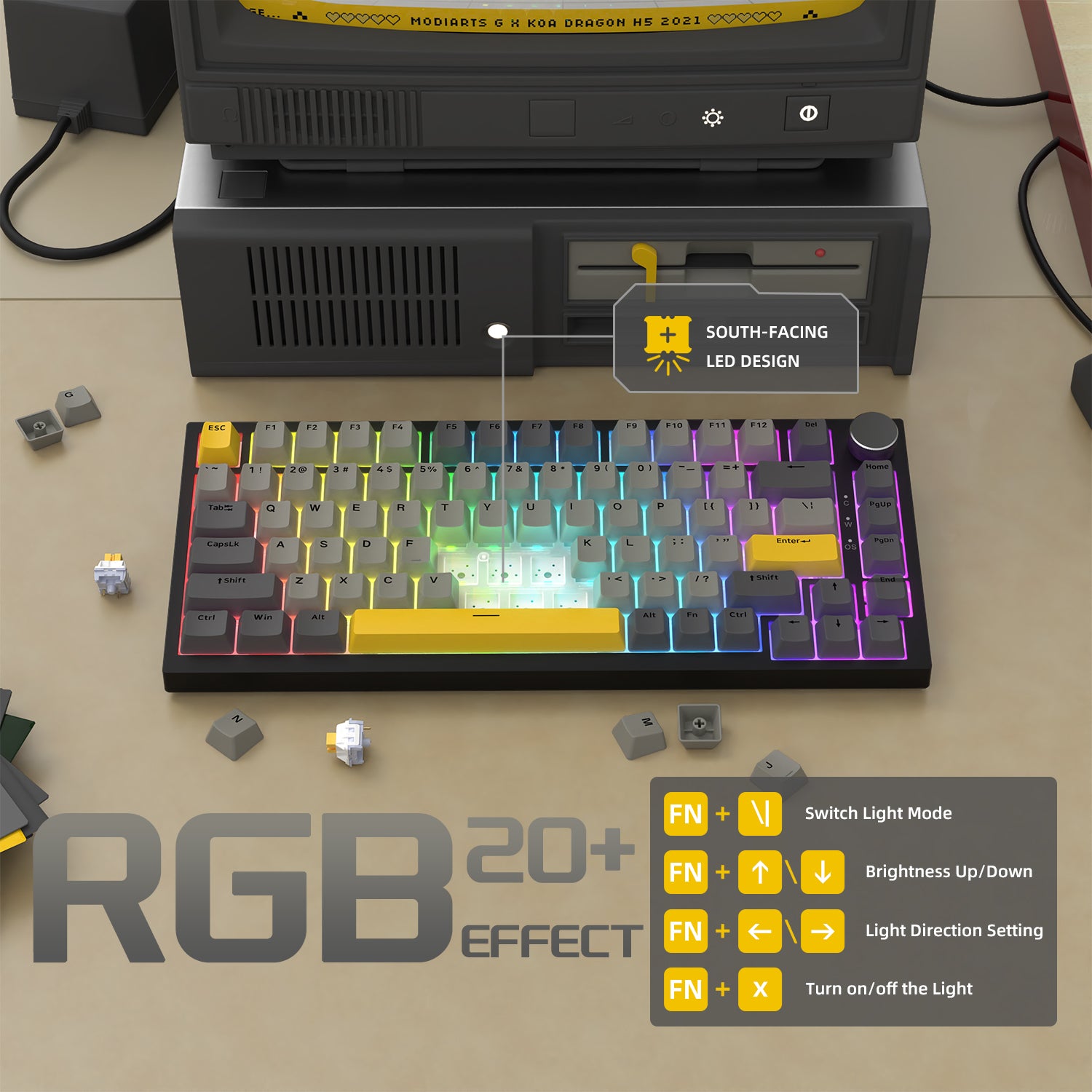 AK820 mechanical keyboard showcasing south-facing RGB lighting effects and control icons.