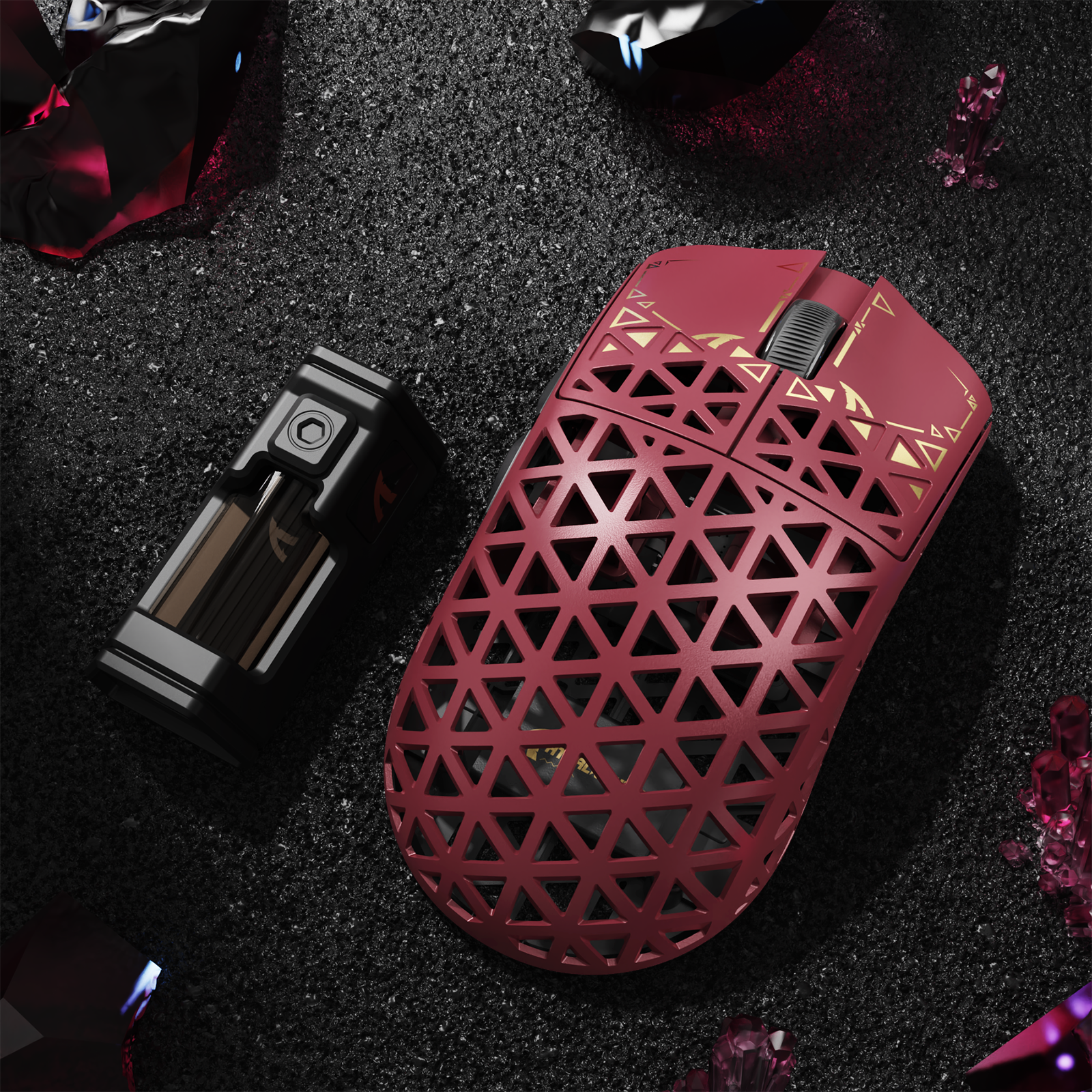 ATTACK SHARK R5 Ultra gaming mouse in red carbon fiber honeycomb design with charging dock