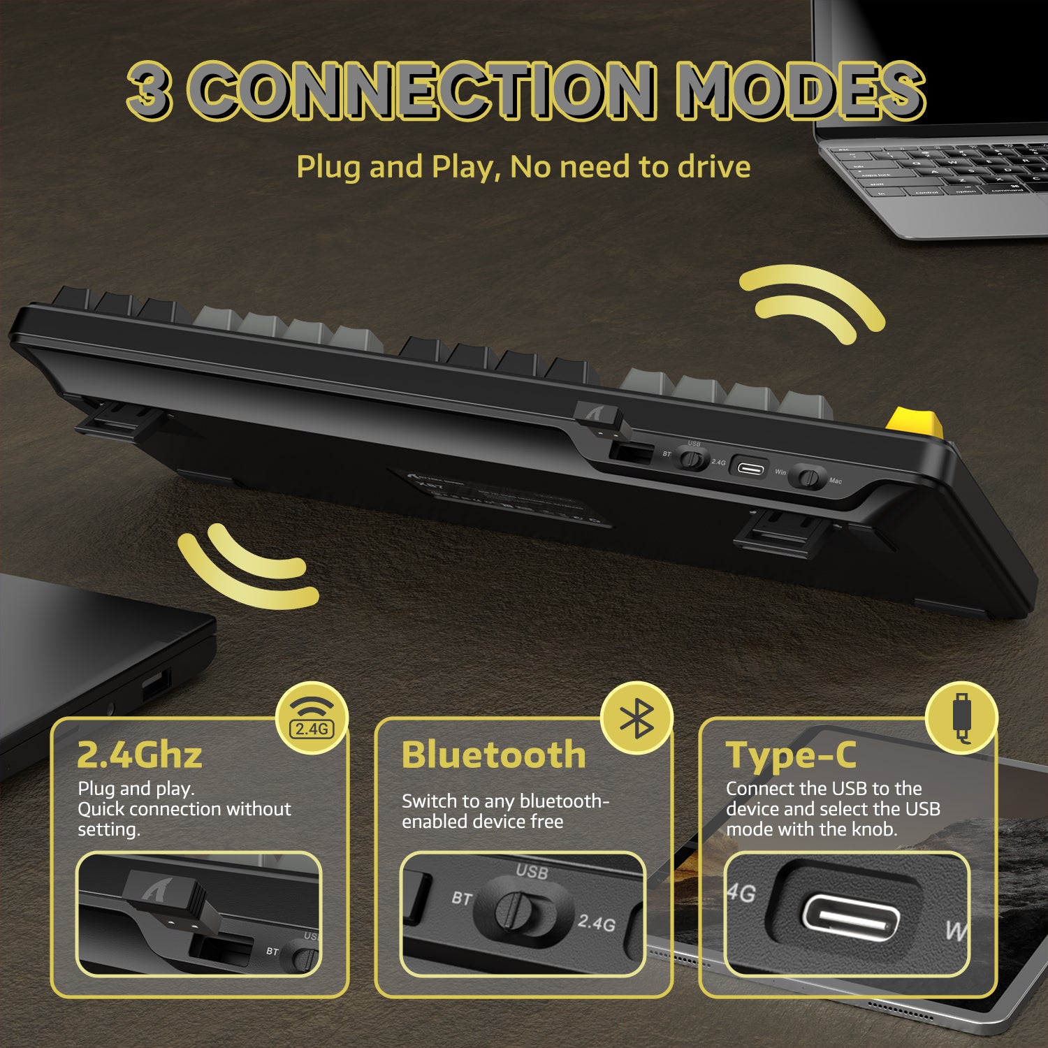 Back view of X87 keyboard showing Bluetooth, 2.4GHz, Type-C connection modes.