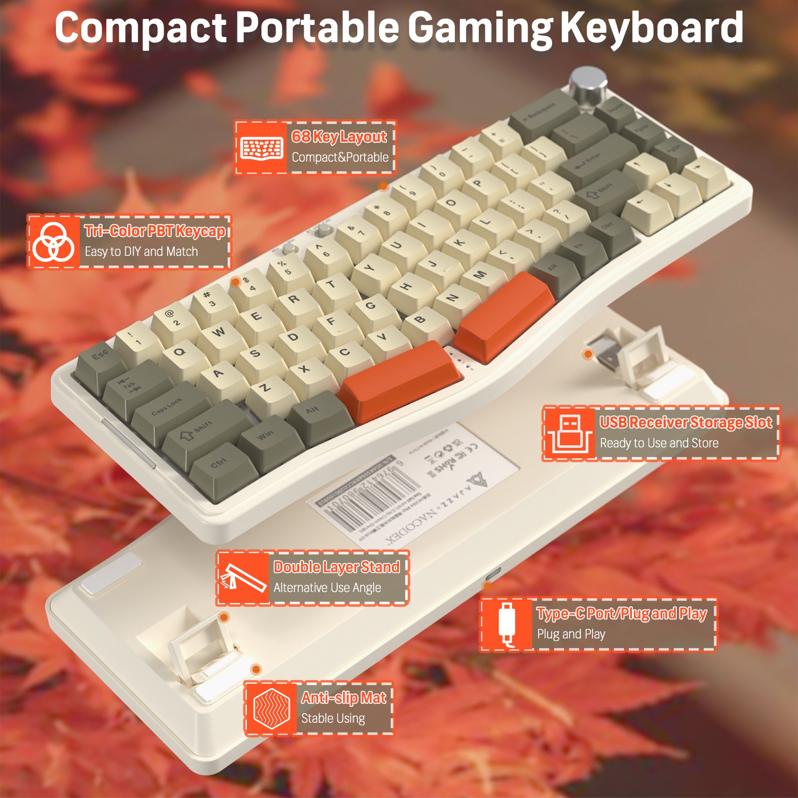 Compact gaming keyboard with tri-color keycaps, USB receiver storage, and adjustable stand.