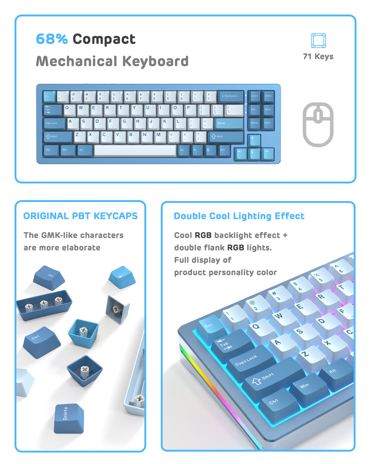 Compact 68% mechanical keyboard with RGB lighting and PBT keycaps.