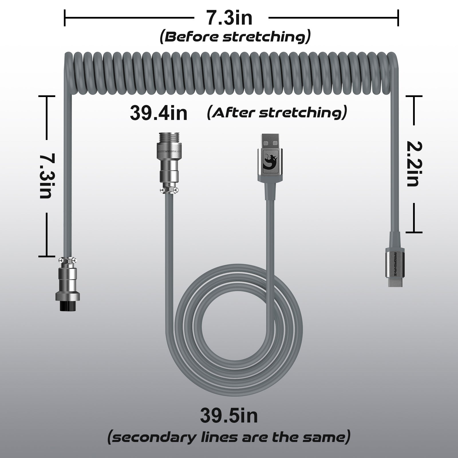 Attack Shark C04 coiled USB cable in Universal Gray with stretchable lengths of 7.3in and 39.4in.