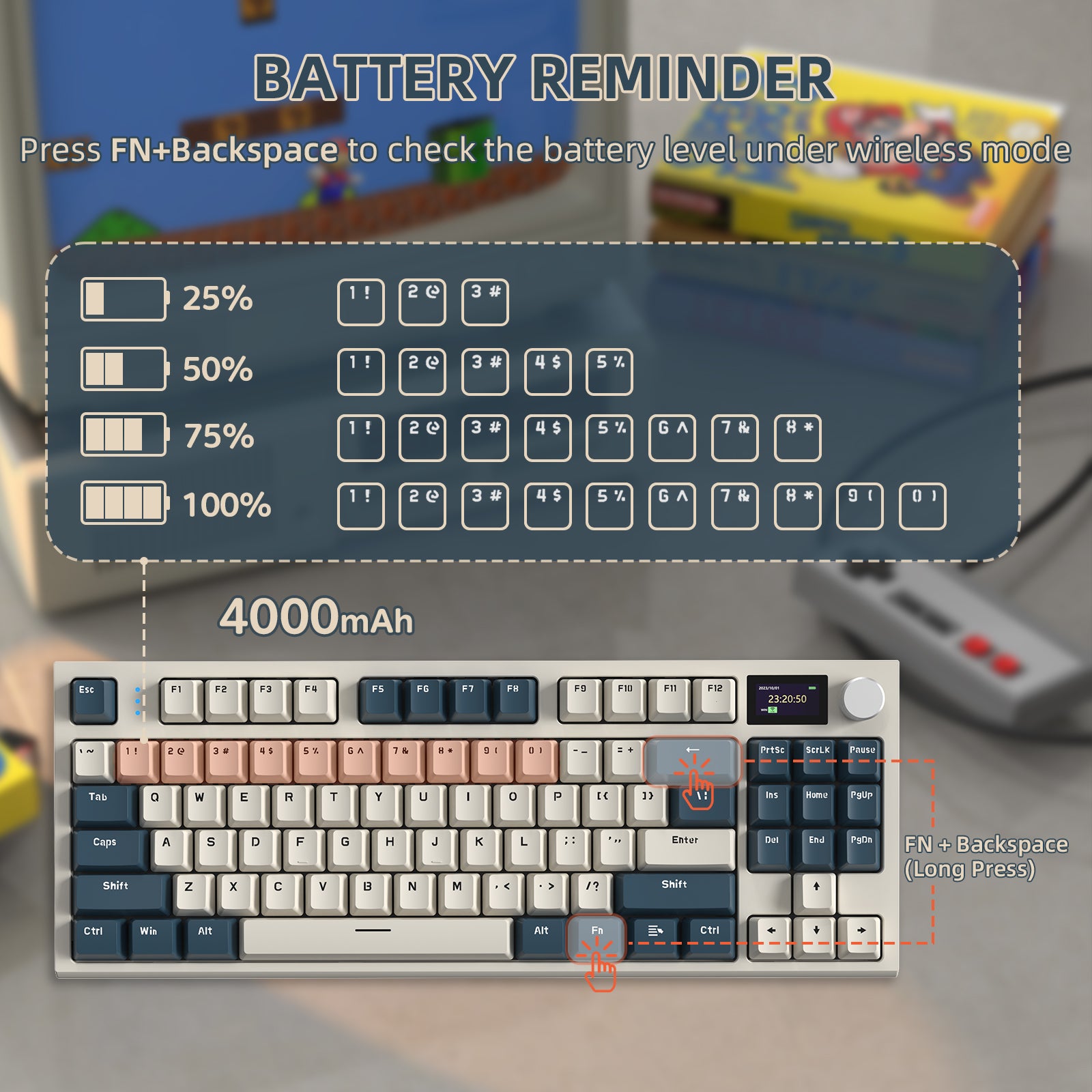 Battery level reminder for Attack Shark K86 keyboard showing 4000mAh capacity and usage guide.