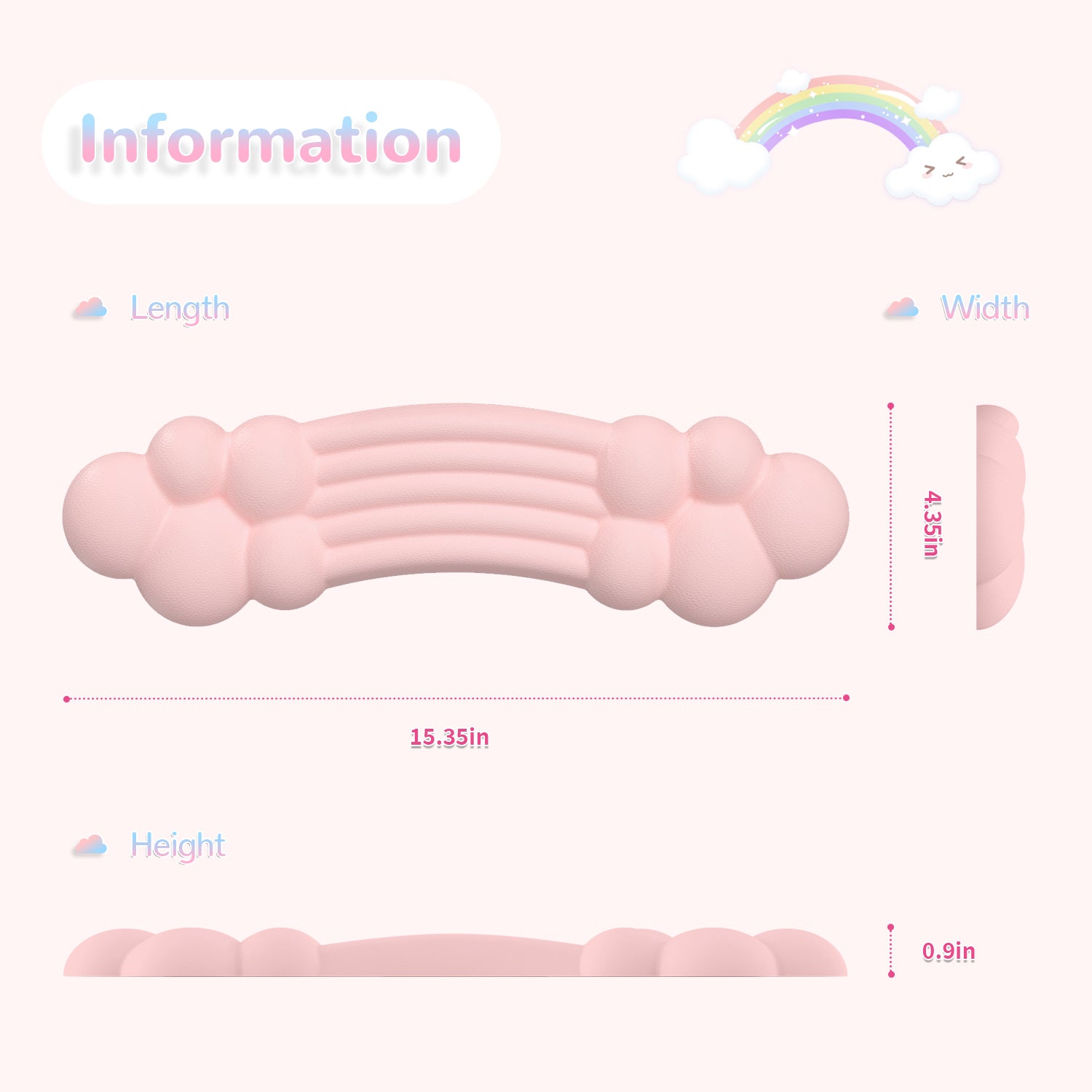 Dimensions of pink rainbow cloud wrist rest: 15.35in length, 4.35in width, 0.9in height.