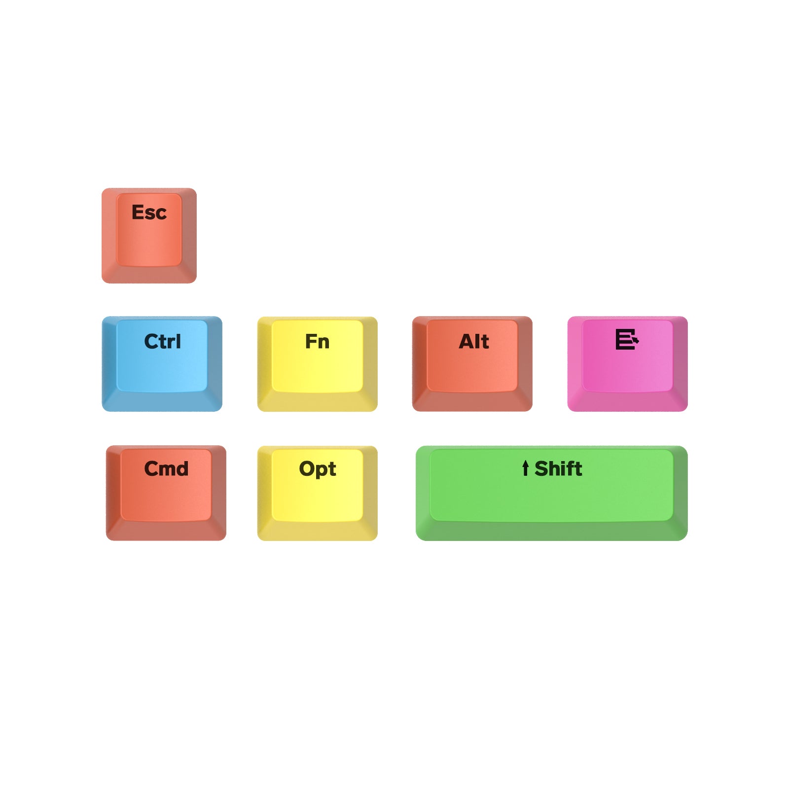 Vibrant OEM PBT keycaps set including 'Esc', 'Ctrl', 'Fn', 'Alt', 'Cmd', 'Opt', 'Shift'.