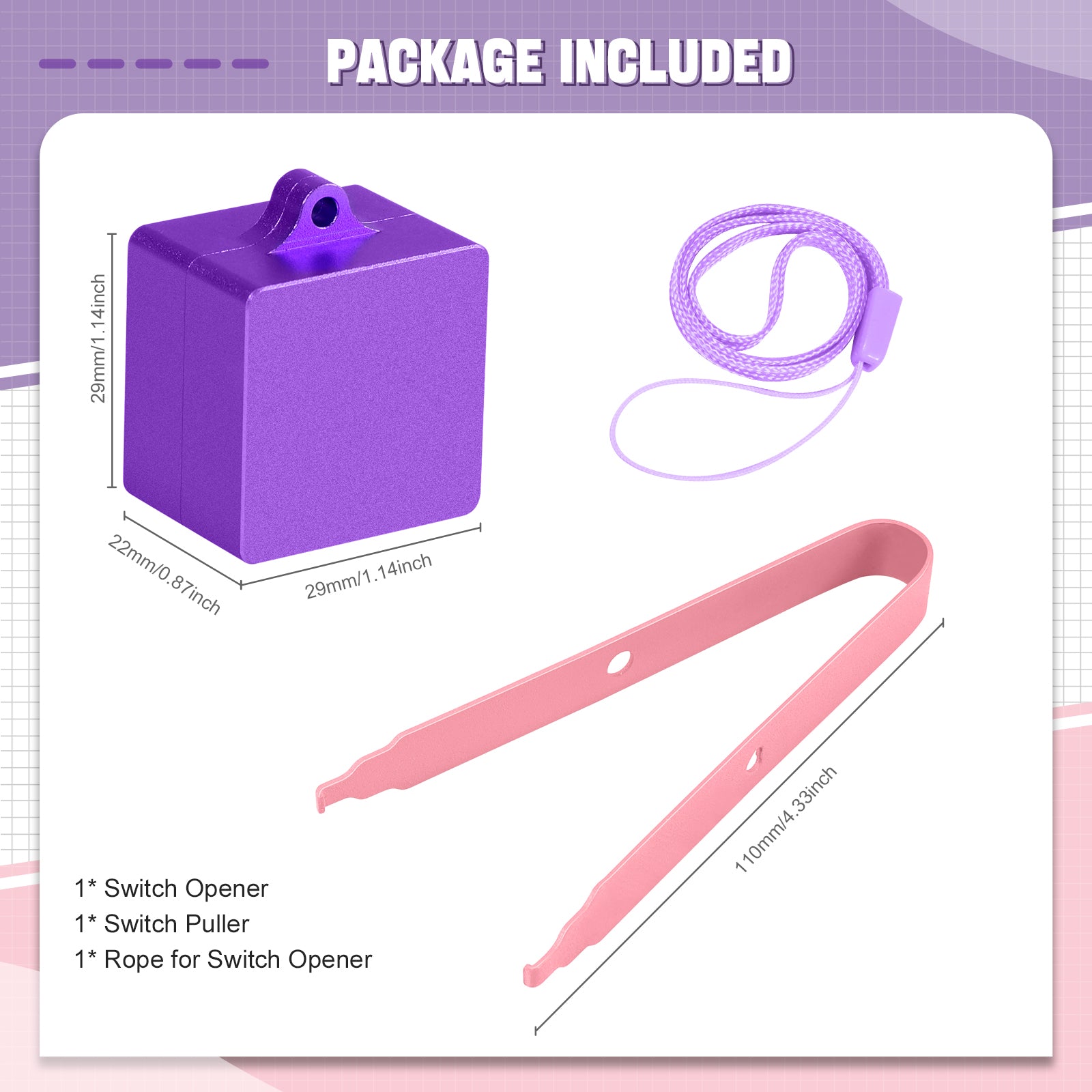 Purple switch opener kit with pink stainless steel puller and rope for customization.