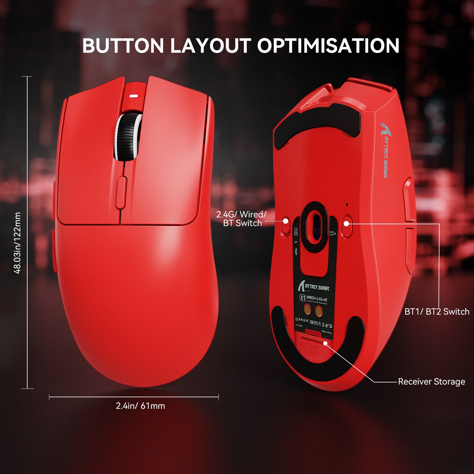 Ratón para juegos ATTACK SHARK X1 de tres modos con panel táctil RGB y base de carga PAW3395PRO Sensor