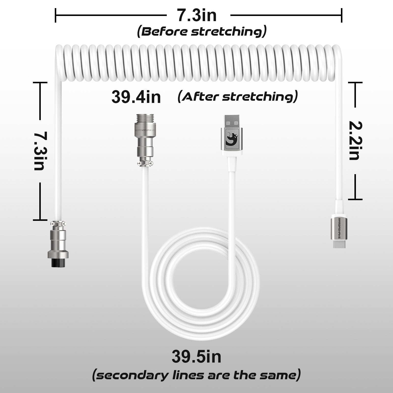 Attack Shark C04 coiled USB cable showing lengths of 7.3in and 39.4in when stretched.