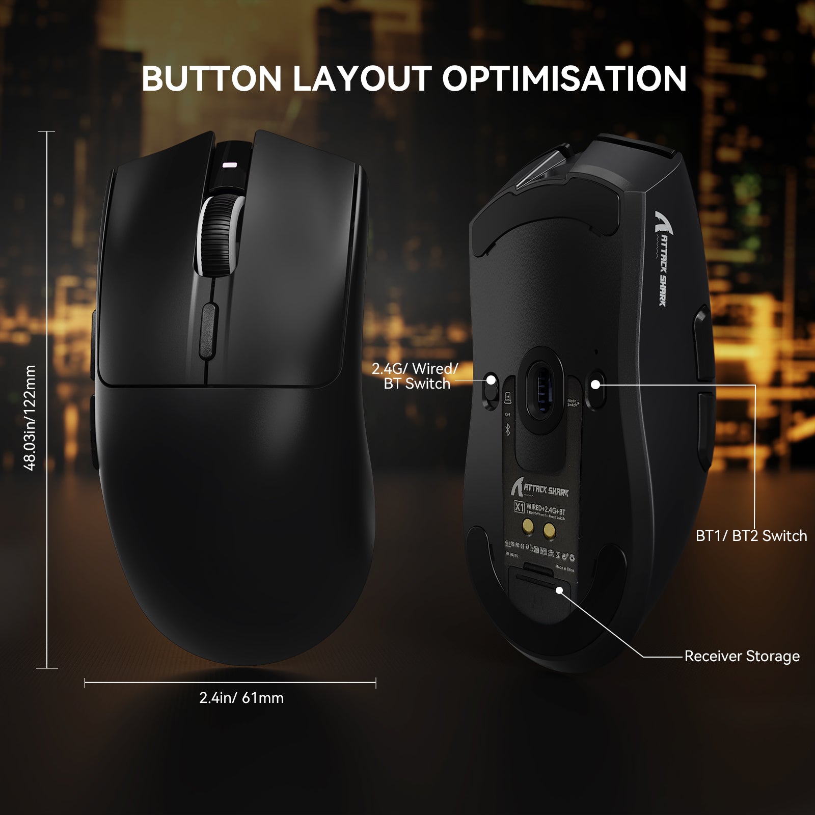 Ratón para juegos ATTACK SHARK X1 de tres modos con panel táctil RGB y base de carga PAW3395PRO Sensor