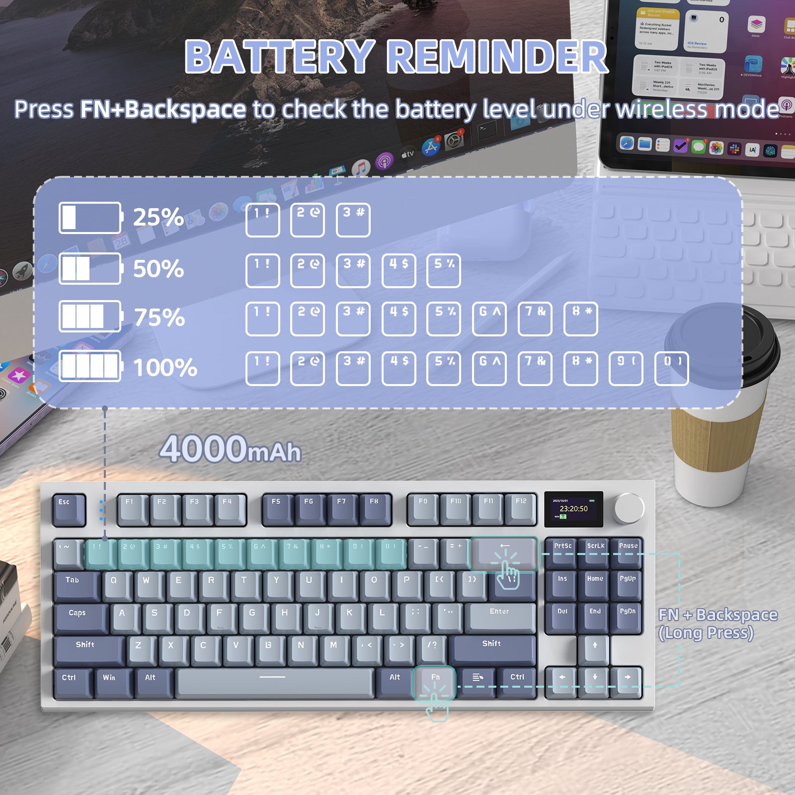 K86 keyboard battery reminder with FN shortcut for wireless mode and 4000mAh capacity.