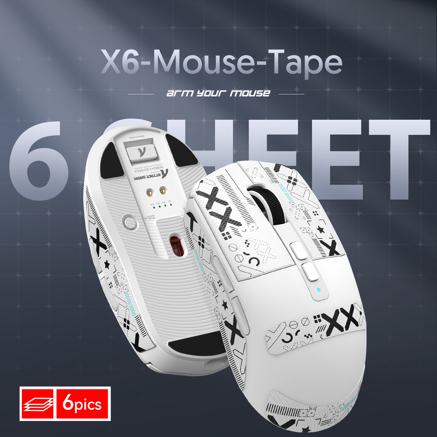 X6 Grip Tape pack for gaming mice with geometric patterns, includes 6 customizable sheets.