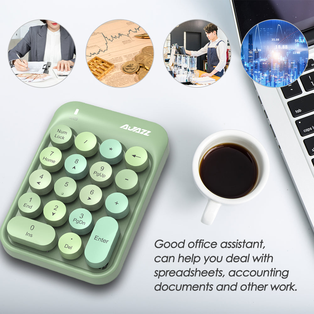 Light green AJAZZ AK18 wireless numeric keypad near laptop and coffee cup for office tasks.