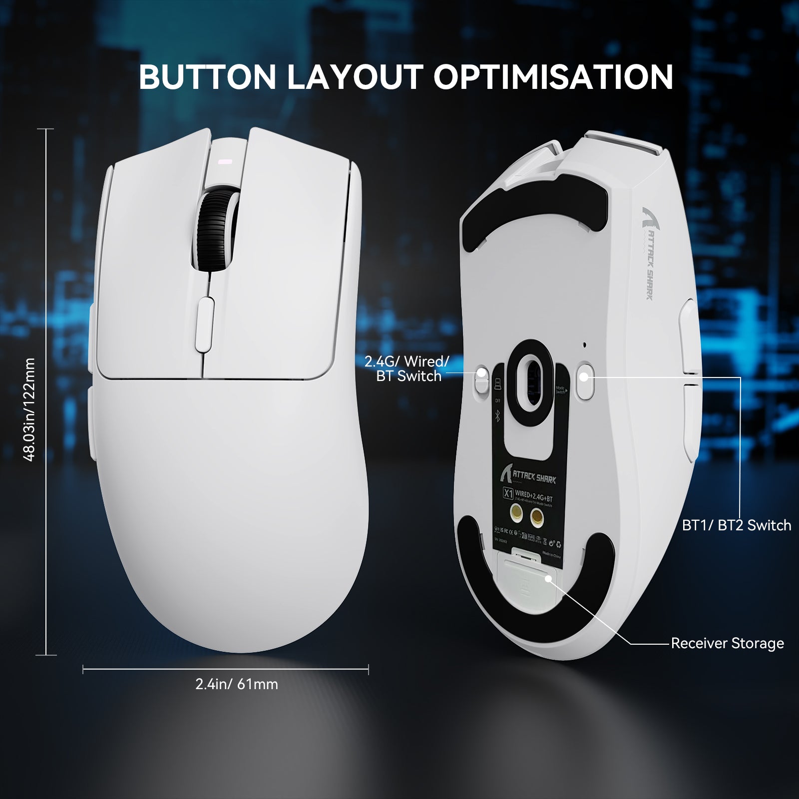 Ratón para juegos ATTACK SHARK X1 de tres modos con panel táctil RGB y base de carga PAW3395PRO Sensor