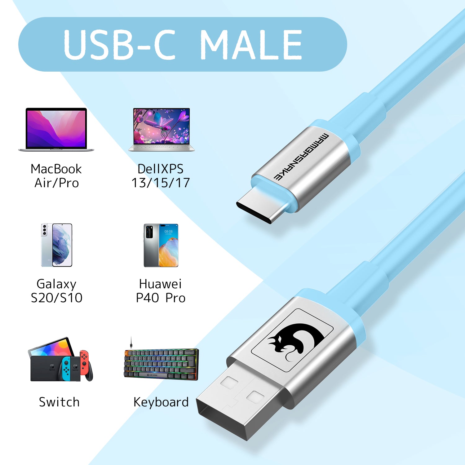 Light blue USB-C cable compatible with laptops, tablets, and gaming devices.