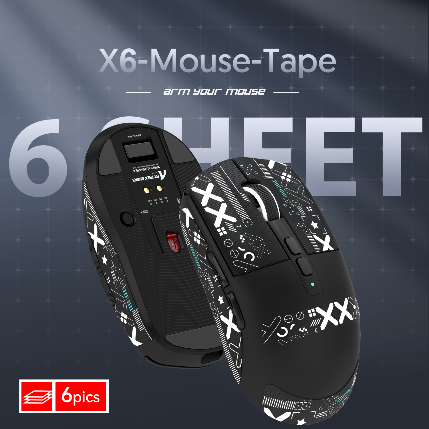 X6 Grip Tape pack for gaming mice, includes 6 customizable geometric design sheets.