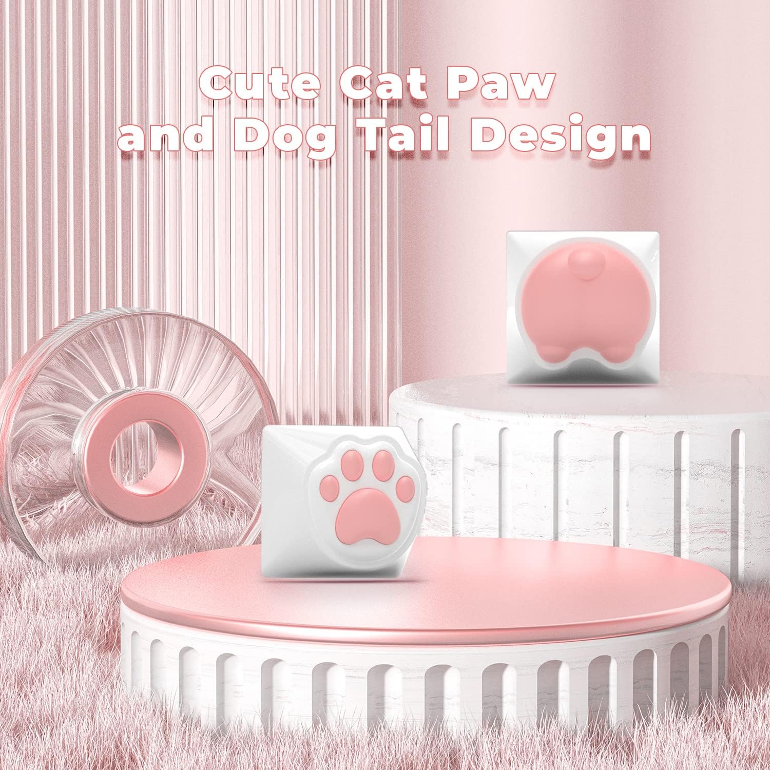 Pink and white cat paw and dog tail keycaps displayed on pastel pink surfaces.