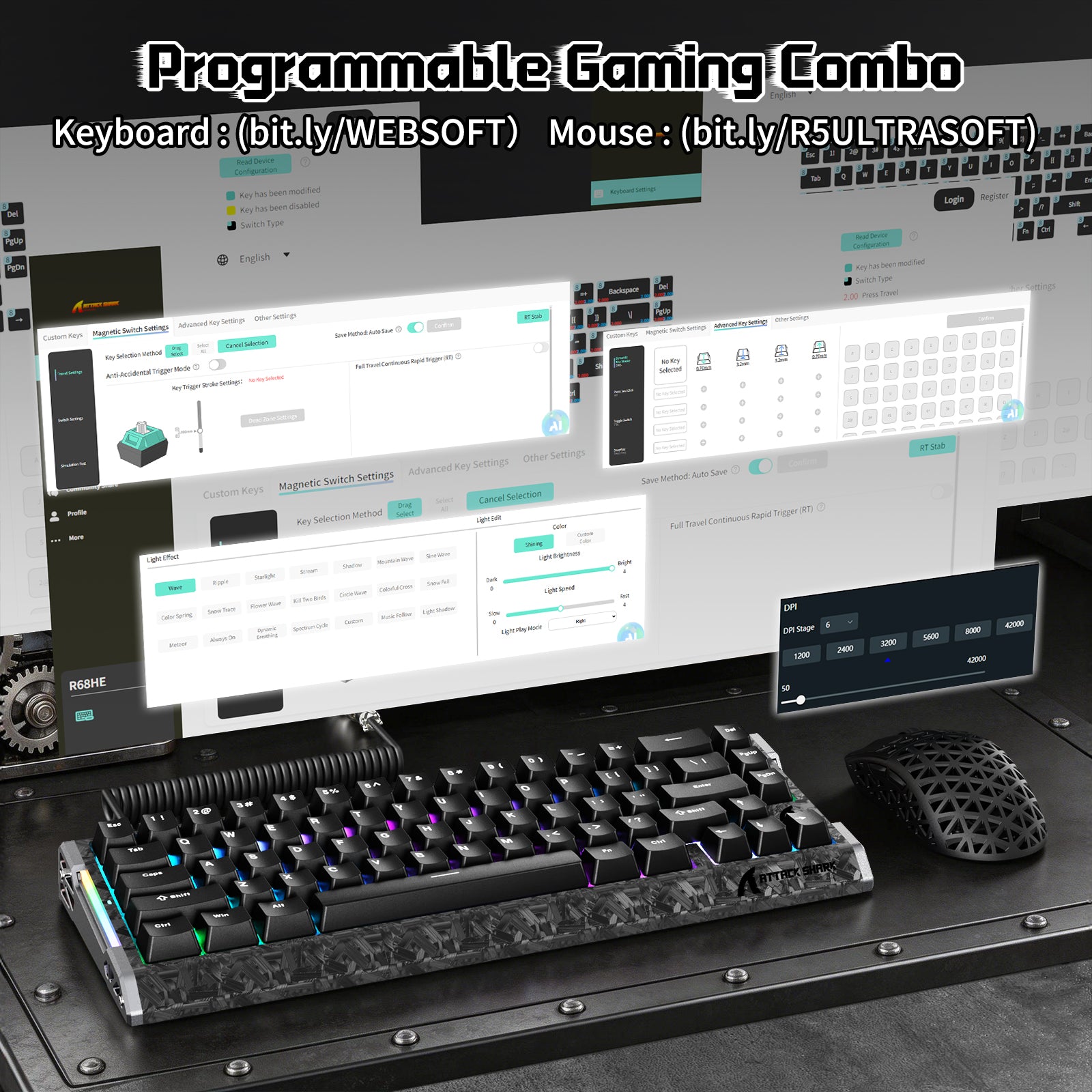 ATTACK SHARK R68HE carbon fiber gaming keyboard and R5 Ultra mouse with 8K driver settings