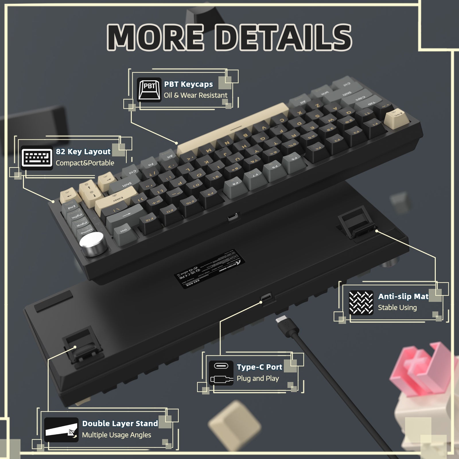 K85 keyboard features: PBT keycaps, 82 key layout, Type-C plug, anti-slip mat.