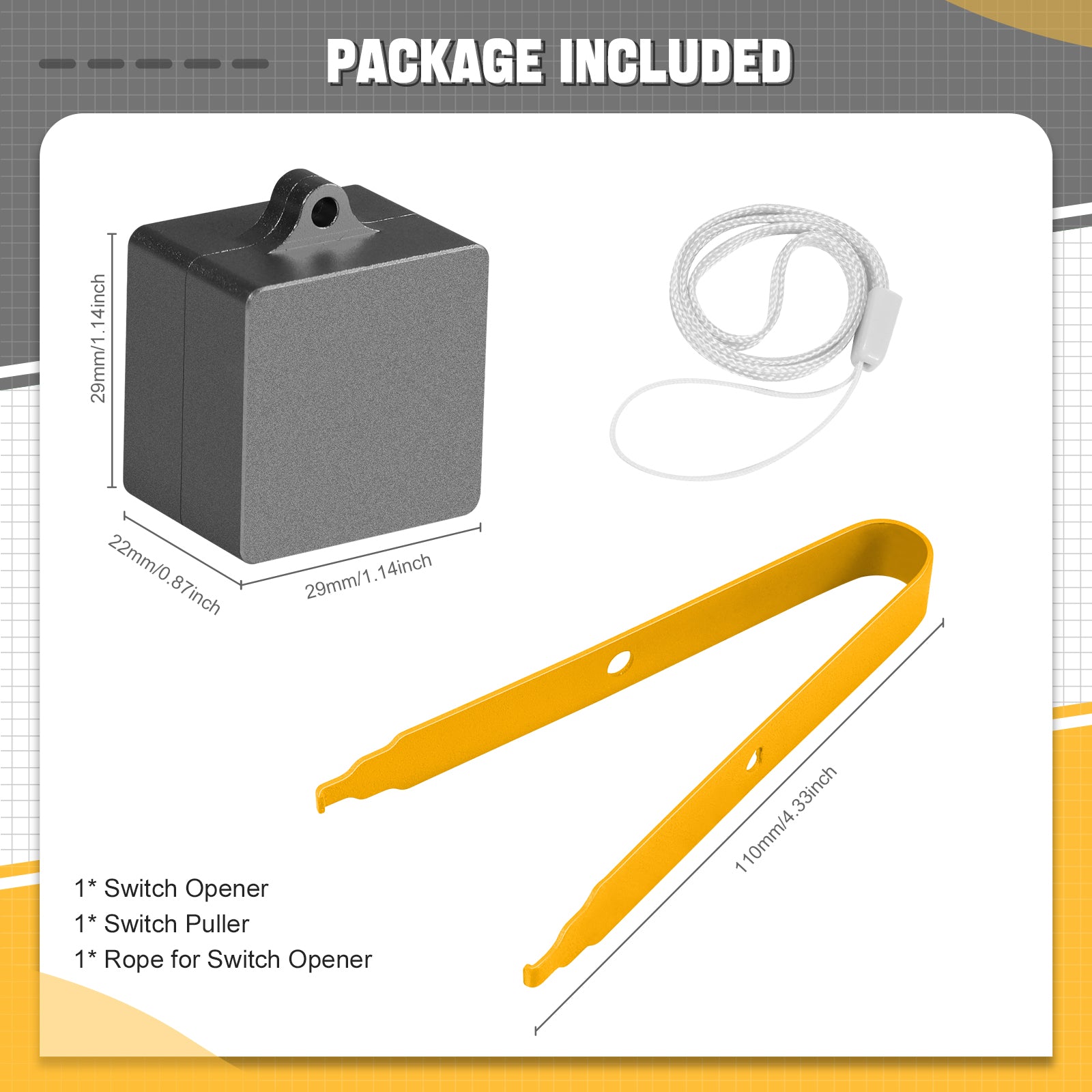 Switch opener kit components: switch opener, switch puller, and rope for customization.