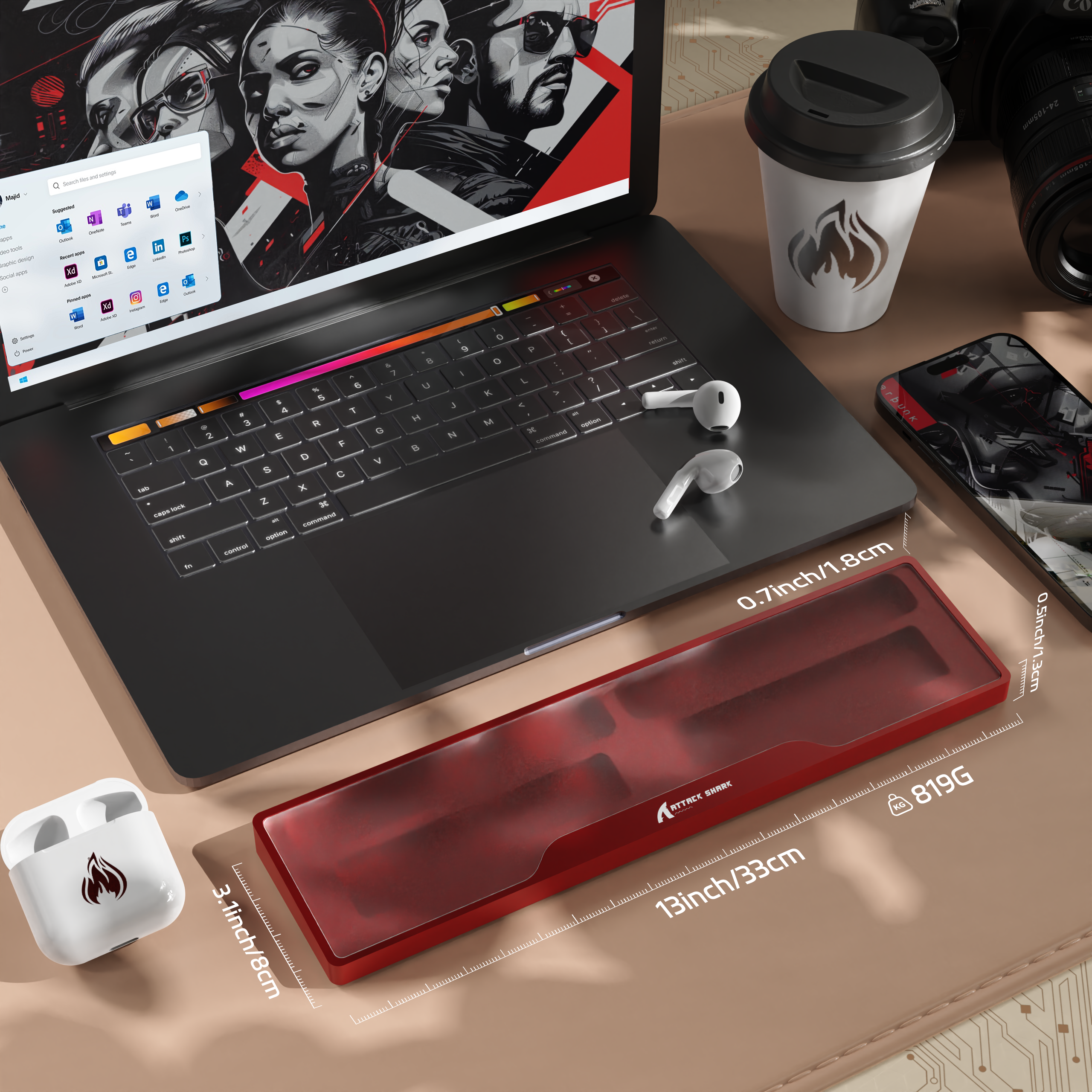 Attack Shark red wrist rest with storage next to laptop and coffee on modern workspace.