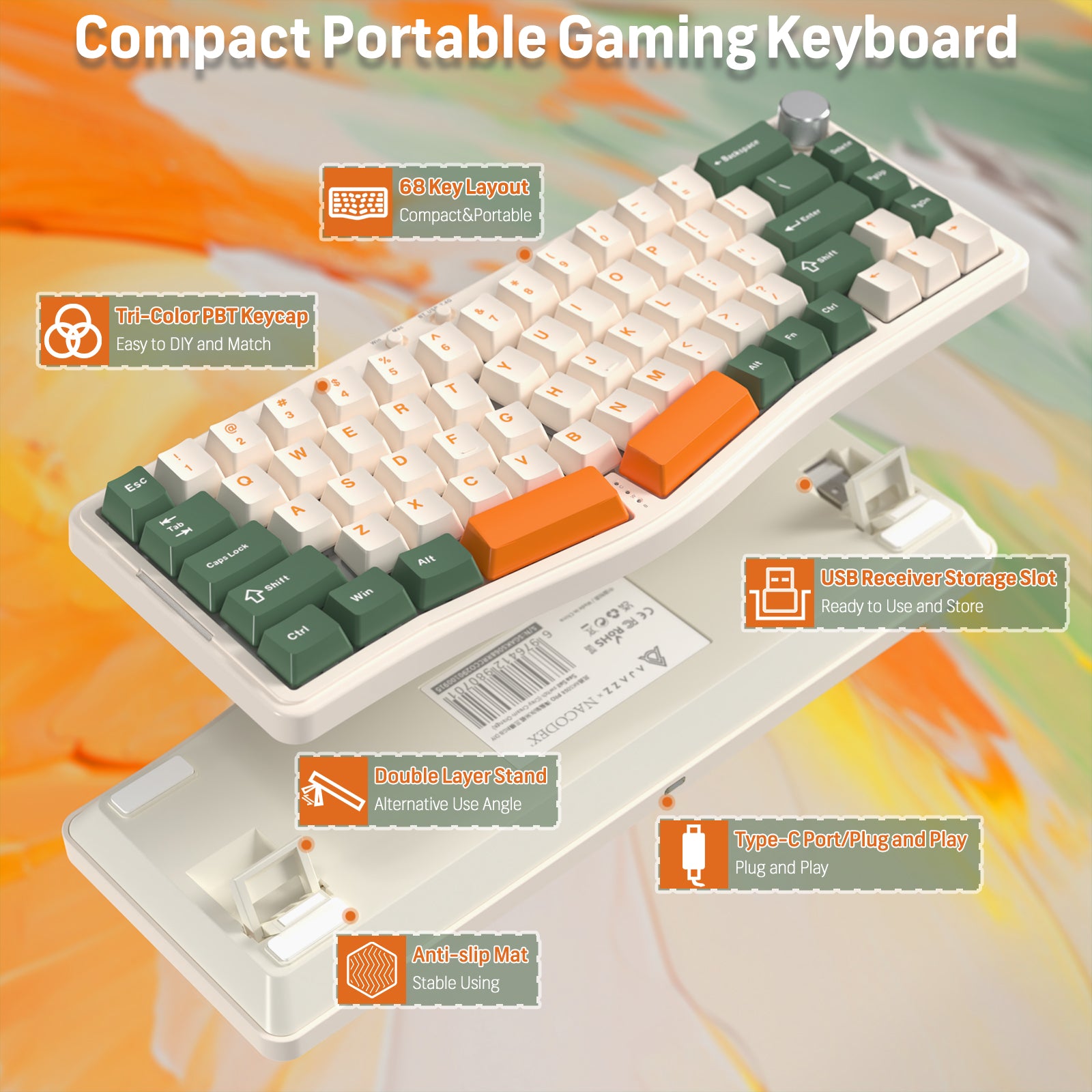 AKS068 PRO Alice Compact Gaming Keyboard with tri-color keycaps and USB receiver storage.