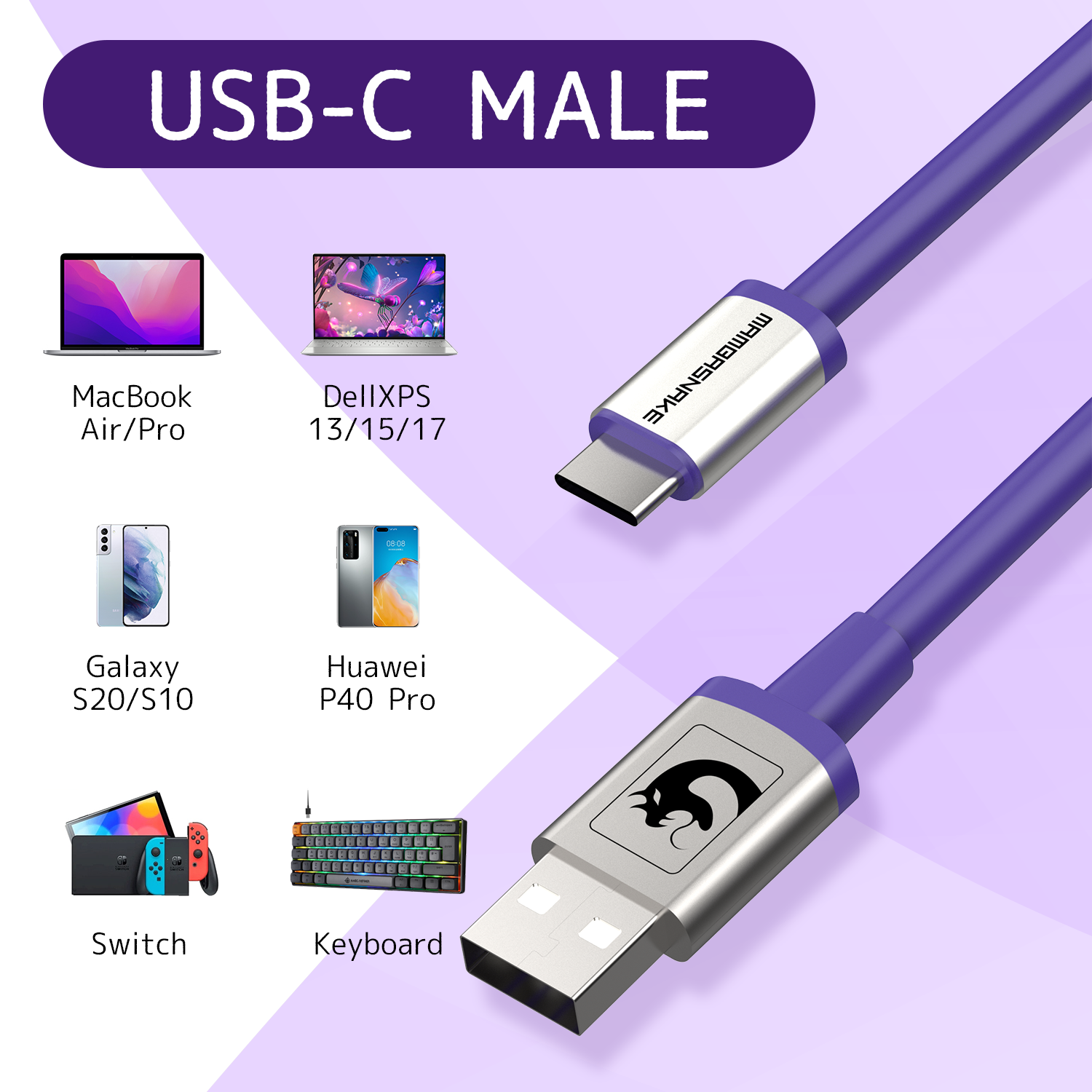 Purple USB-C male cable compatible with laptops, smartphones, and gaming consoles.