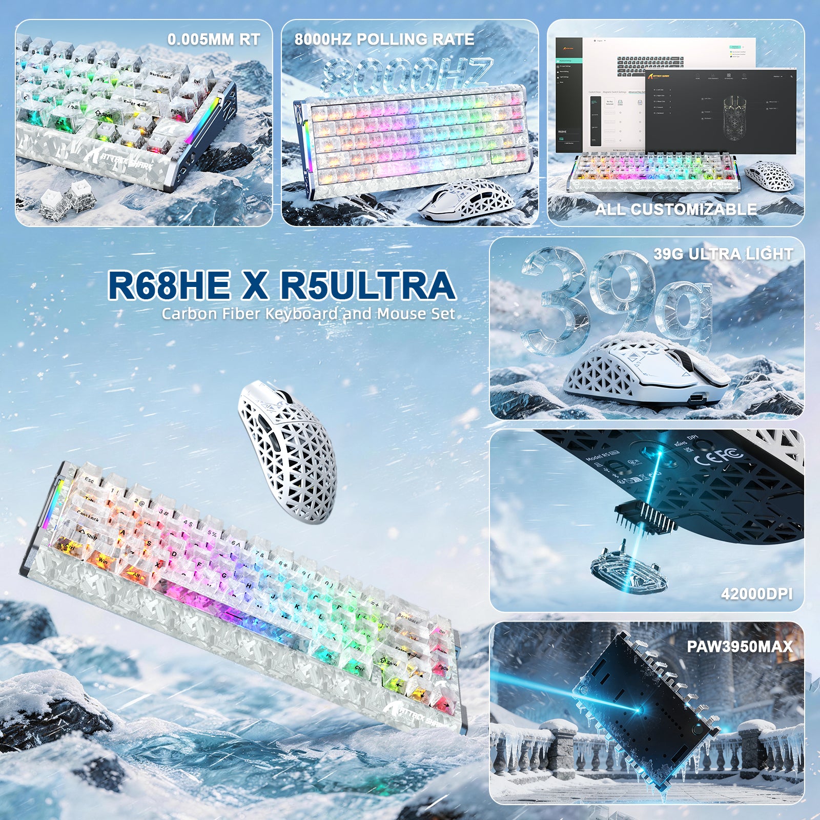 Paquete gaming ATTACK SHARK R68 HE & R5 ULTRA de fibra de carbono